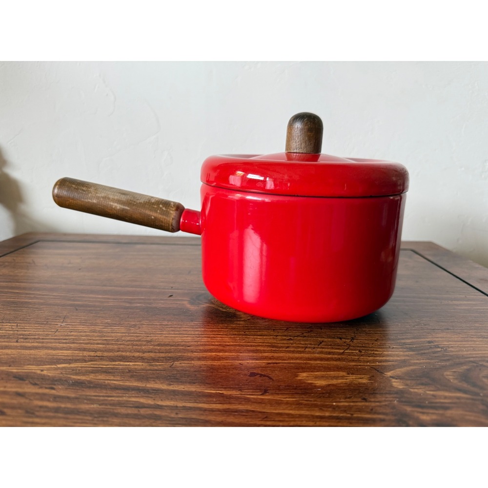 Vintage Poppy Ted Sauce Pan with Enamel Coating and Wood Handles